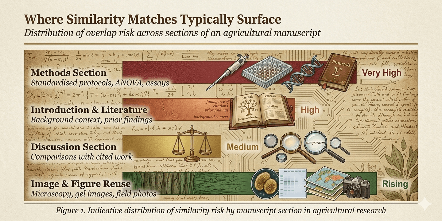 Bar chart showing where similarity matches typically surface in agricultural manuscripts