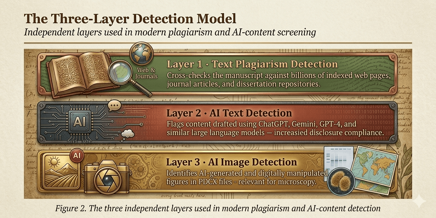 Three-layer detection model showing text plagiarism, AI text, and AI image detection layers