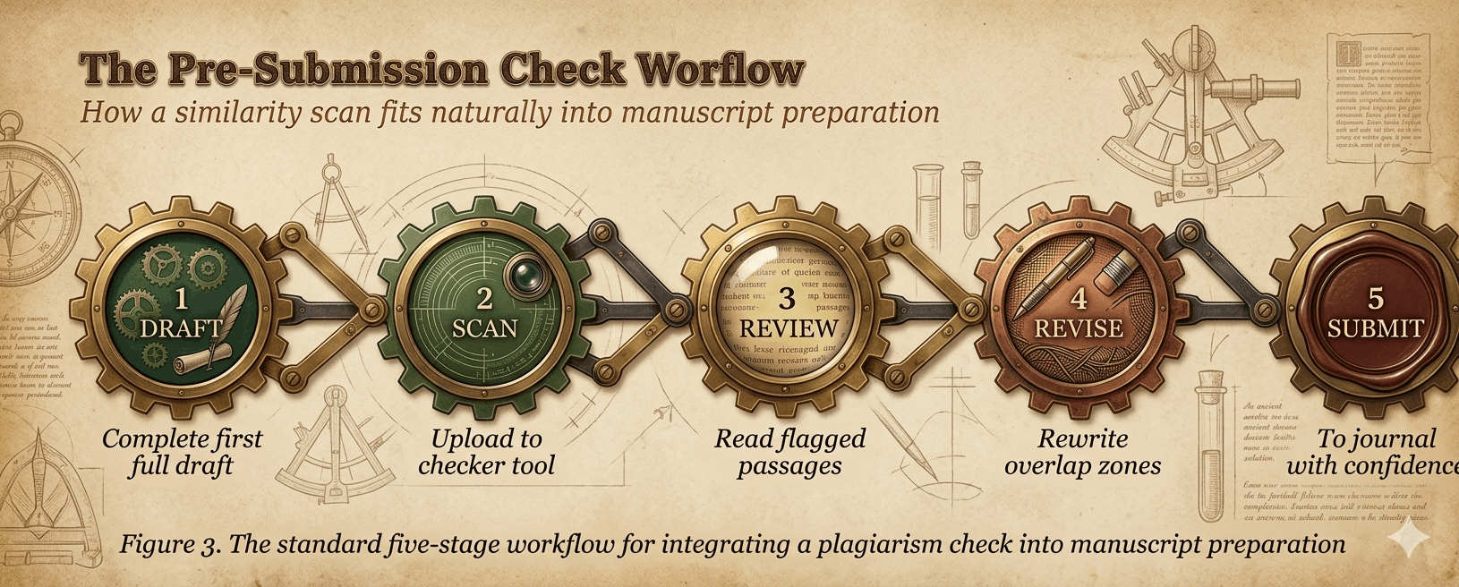 Five-stage workflow diagram showing draft, scan, review, revise, and submit steps